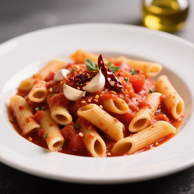 Penne All’Arrabbiata Combining Short Pasta With Spicy Tomato Sauce, Garlic, Dried Chili Flakes, And Olive Oil