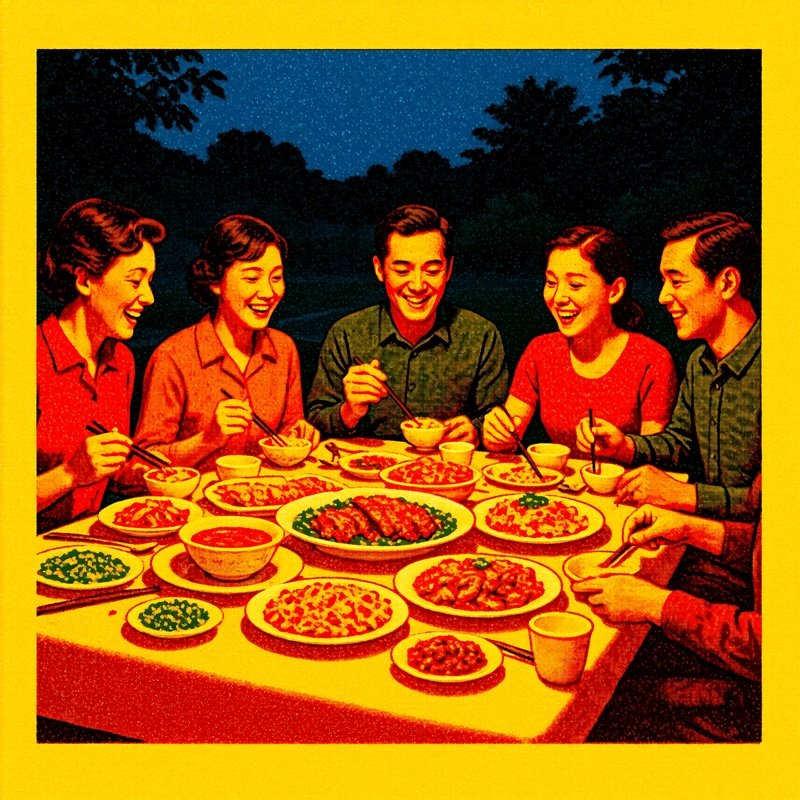 People Gathered Around A Table For A Meal Retro Social Gathering