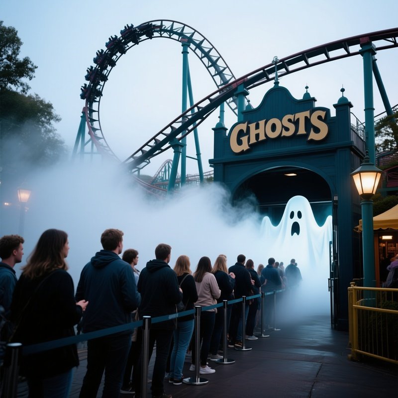 People Queuing Ghost Train Fog Entrance