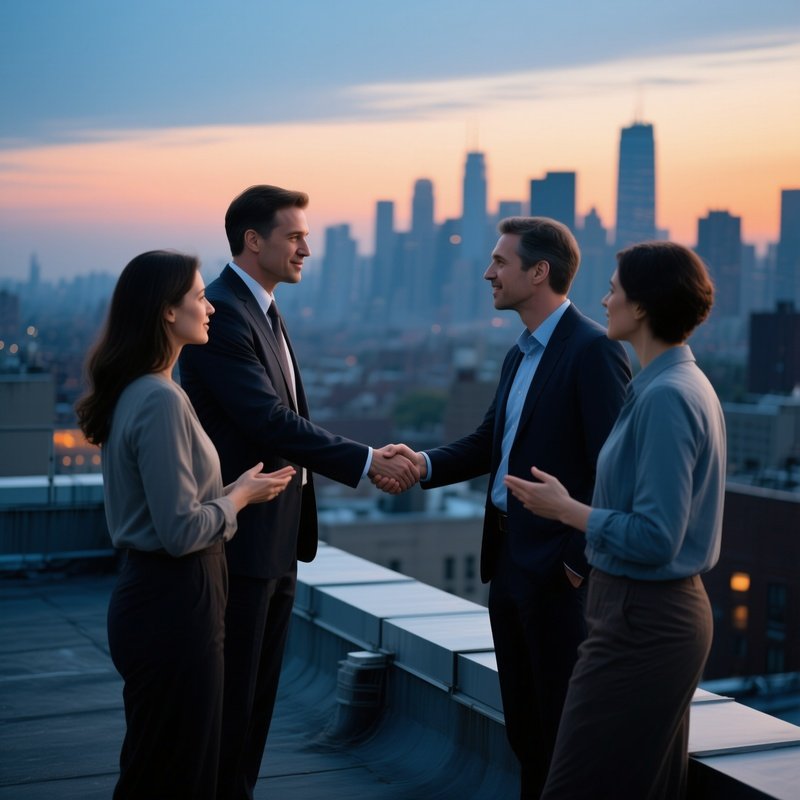 People Shaking Hands On Rooftop Conversation
