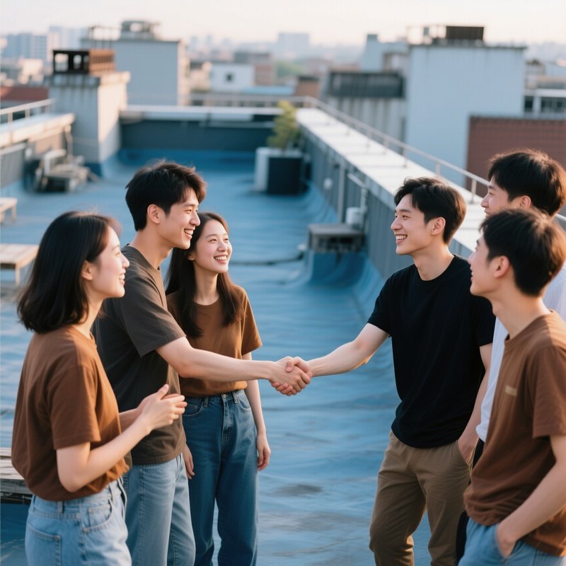 People Shaking Hands On Rooftop Friendship