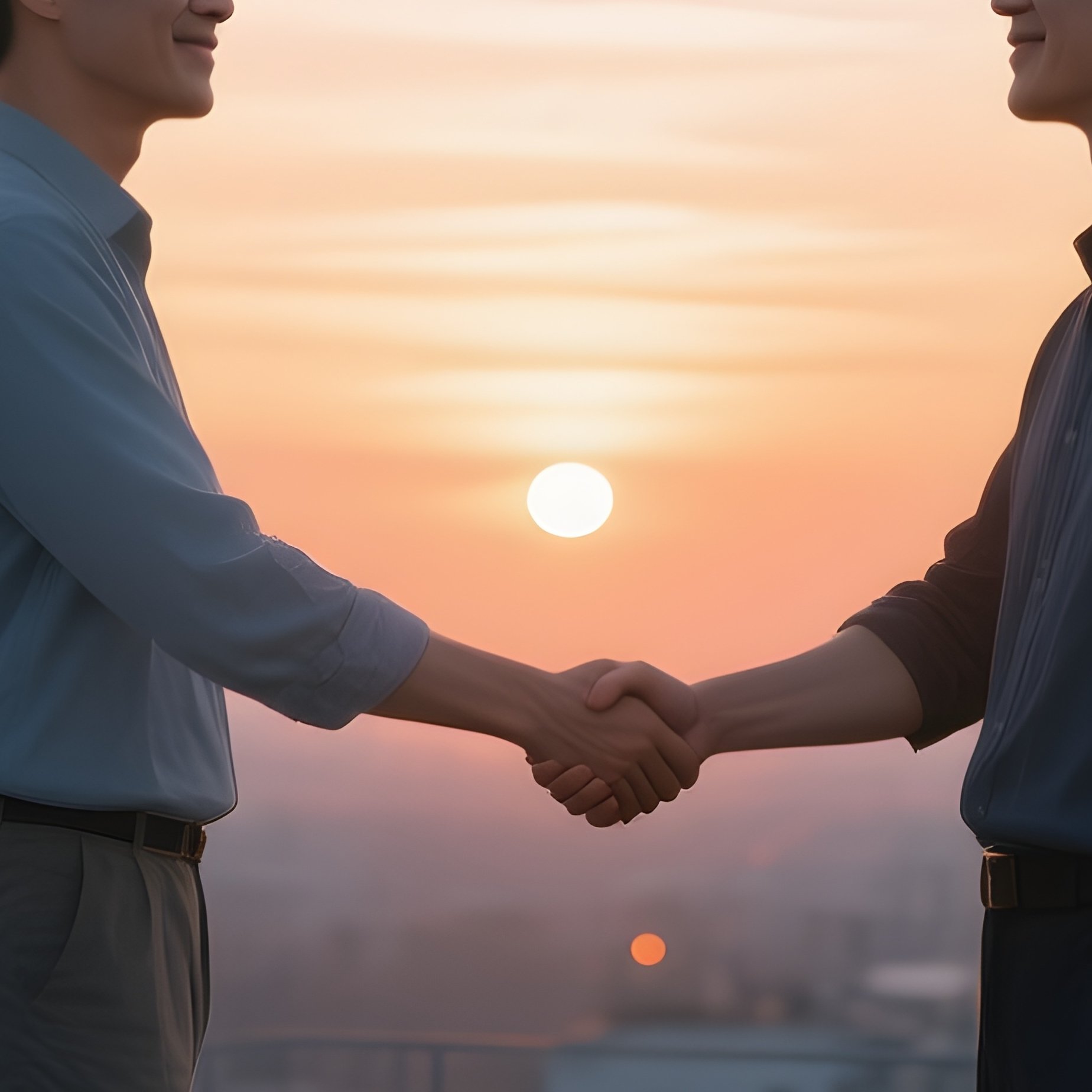 People Shaking Hands On Rooftop Peaceful Sunset - Full Resolution Quality Preview
