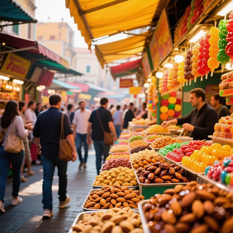 People Walking Through Food Stalls With Candy Roasted Almonds