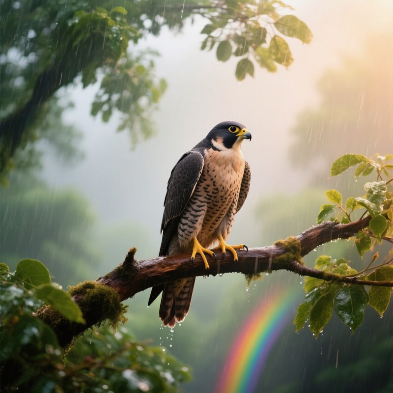 Peregrine Falcon Perched On Branch After Rain Scenic Art