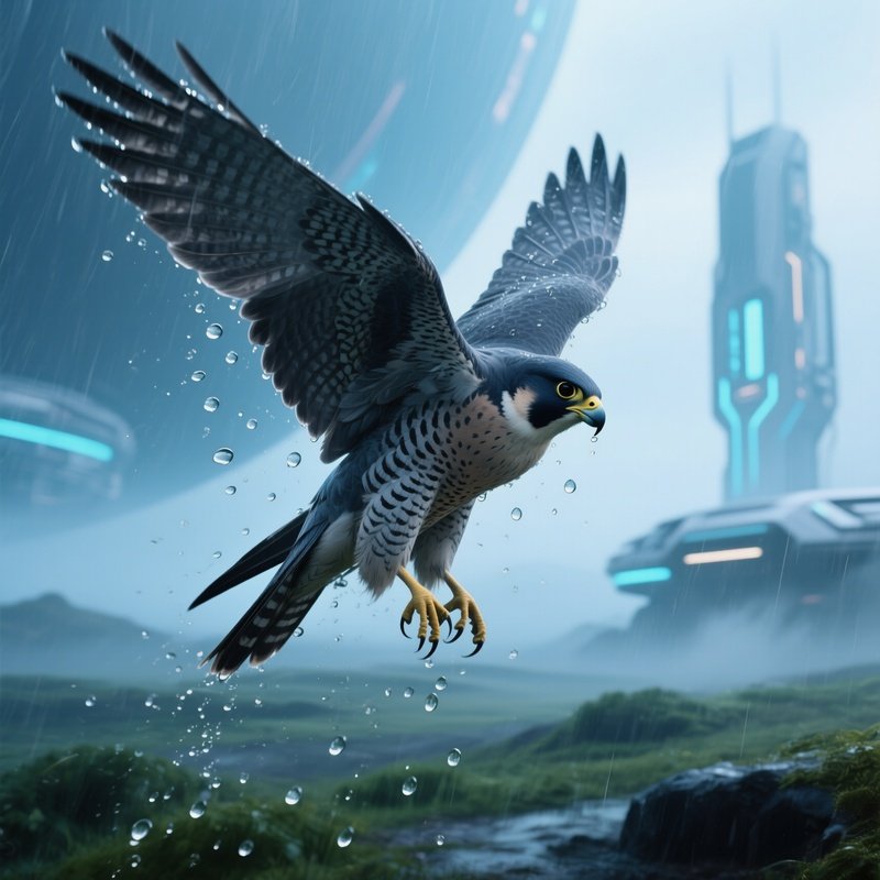Peregrine Falcon Shaking Off Raindrops Morning Mist Science Fiction