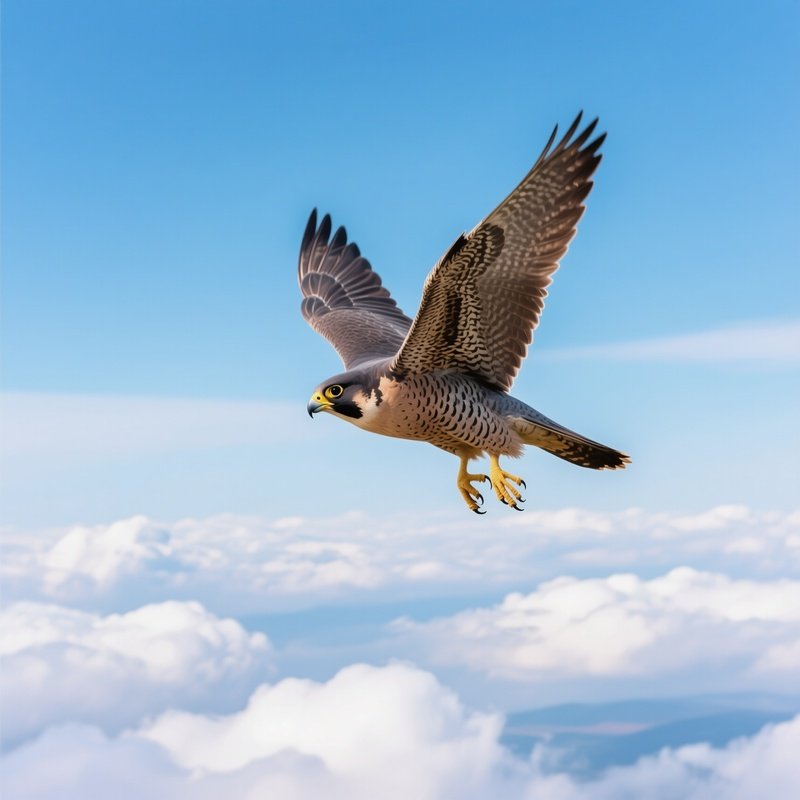 Peregrine Falcon Soaring High With Clouds Beneath