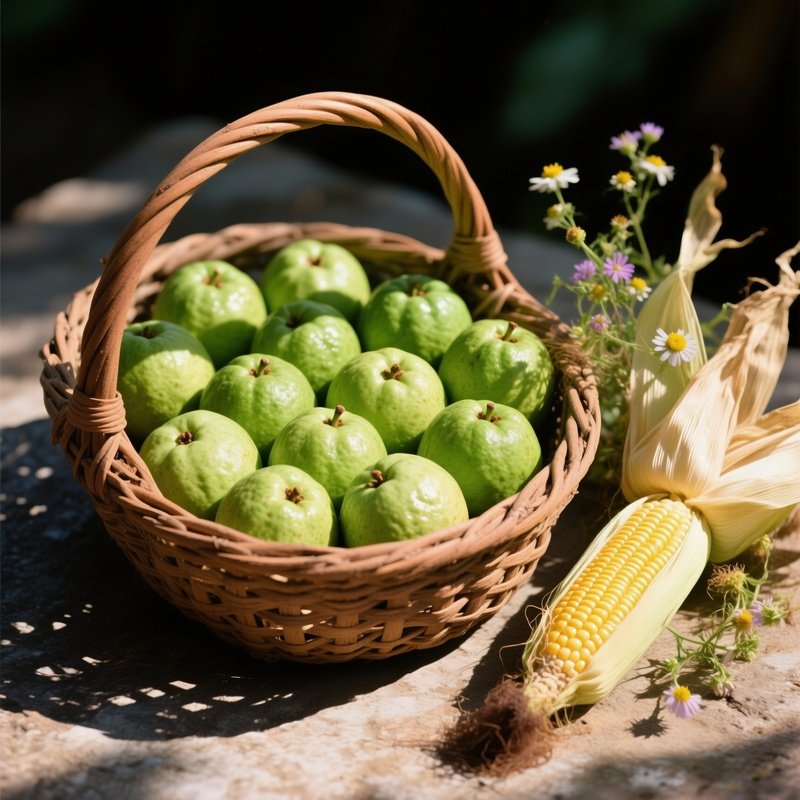 Perfectly Symmetrical Rows Of Emerald Green Guavas In Clay Basket