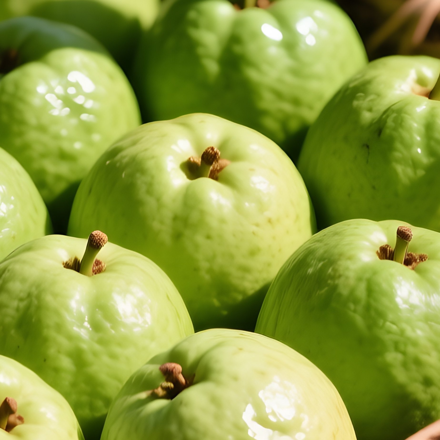 Perfectly Symmetrical Rows Of Emerald Green Guavas In Clay Basket - Full Resolution Quality Preview