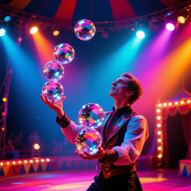 Performer Juggling Crystal Balls Reflect Circus Lights
