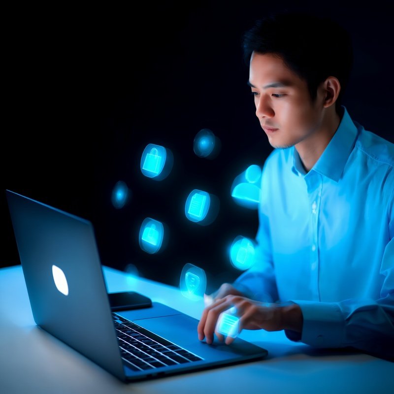 Person Interacting With A Laptop And Holographic Icons Technology