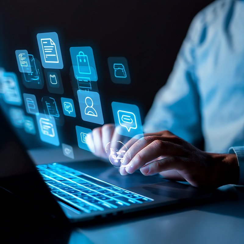 Person Interacting With A Laptop And Virtual Icons Technology