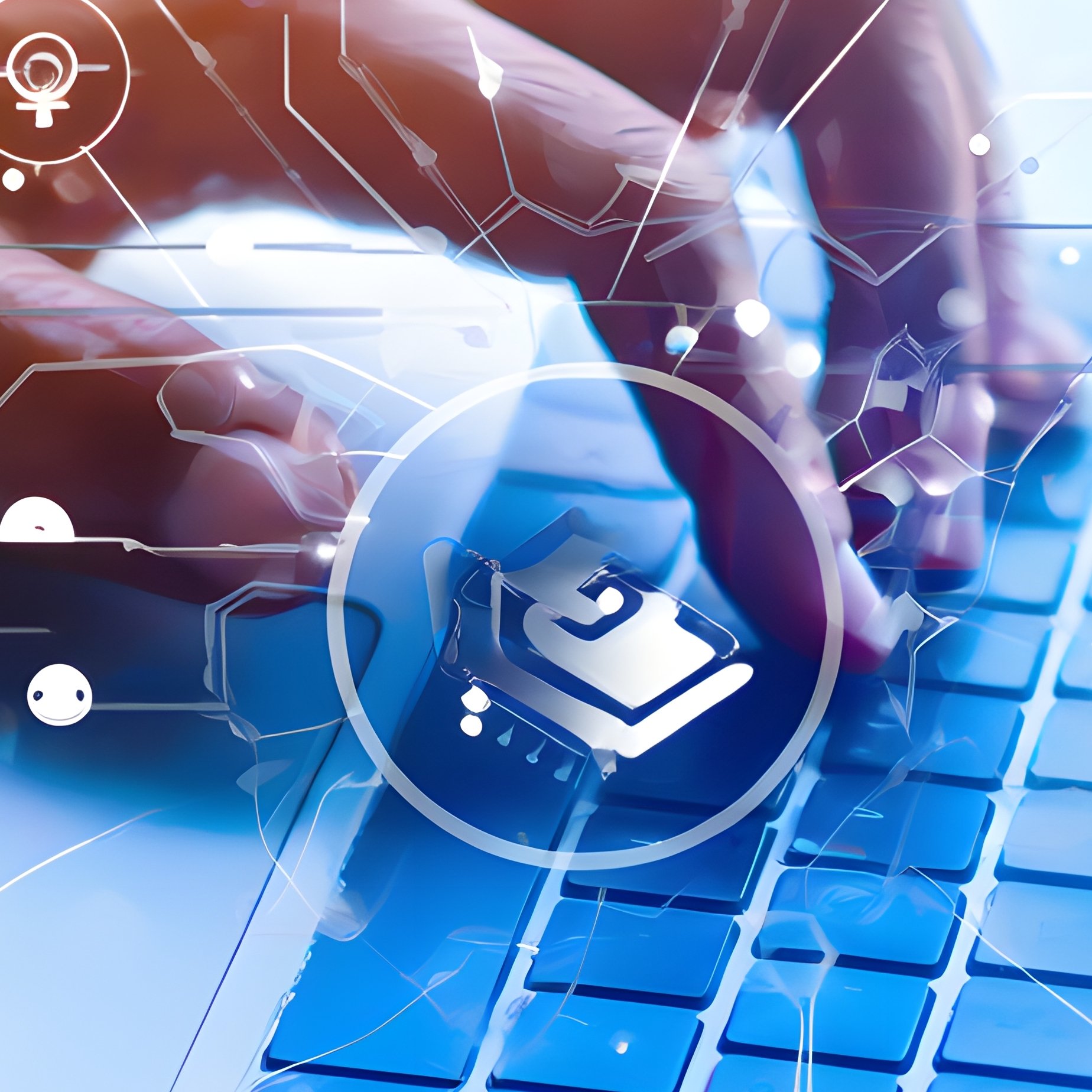 Person Typing On A Laptop Keyboard With Digital Icons Overlay - Full Resolution Quality Preview