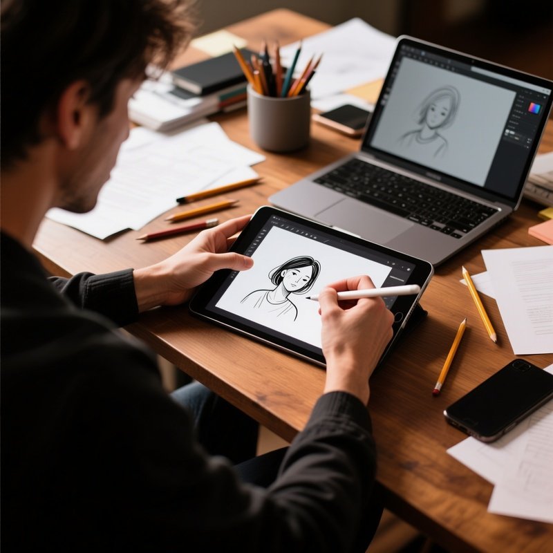 Person Using A Digital Tablet For Drawing Digital Art Workspace
