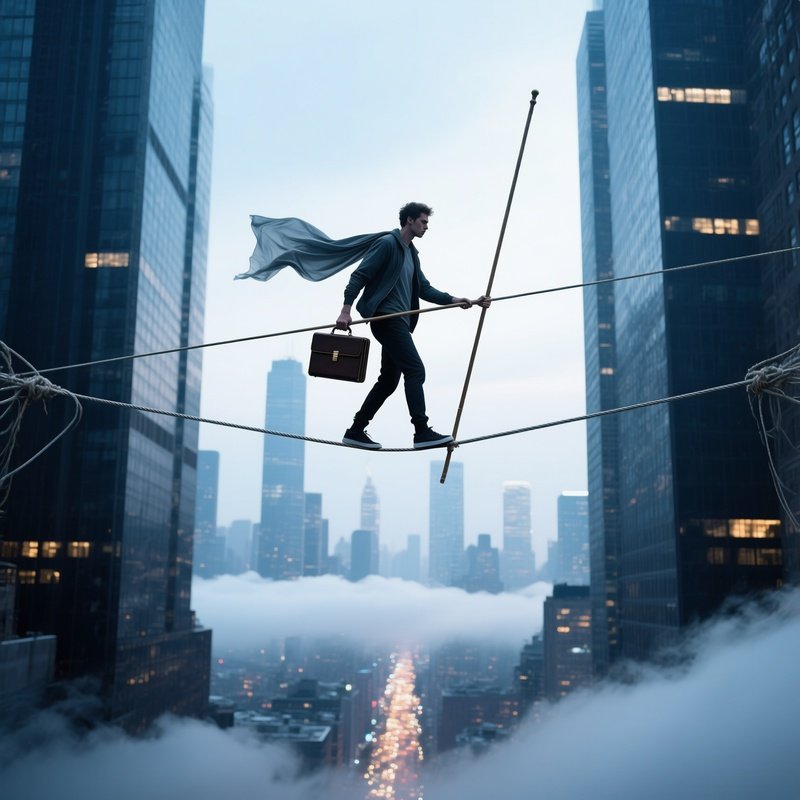 Person Walking Tightrope Between Skyscrapers Holding Balancing Pole Briefcase