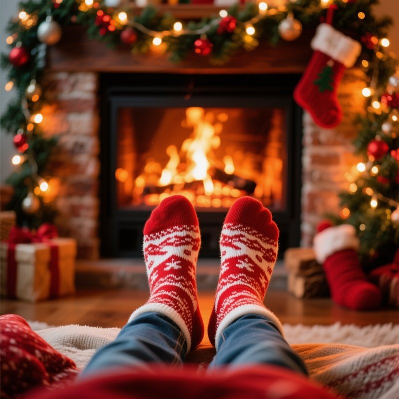 Persons Feet In Festive Socks By A Fireplace Christmas Holiday