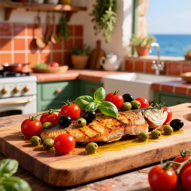 Pesce Spada Alla Siciliana Grilled Swordfish Steak Topped With Tomatoes Capers And Olives