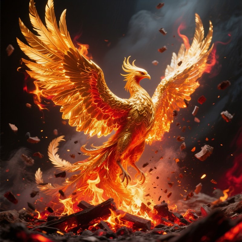Phoenix Rising From Ashes Gold Feathers