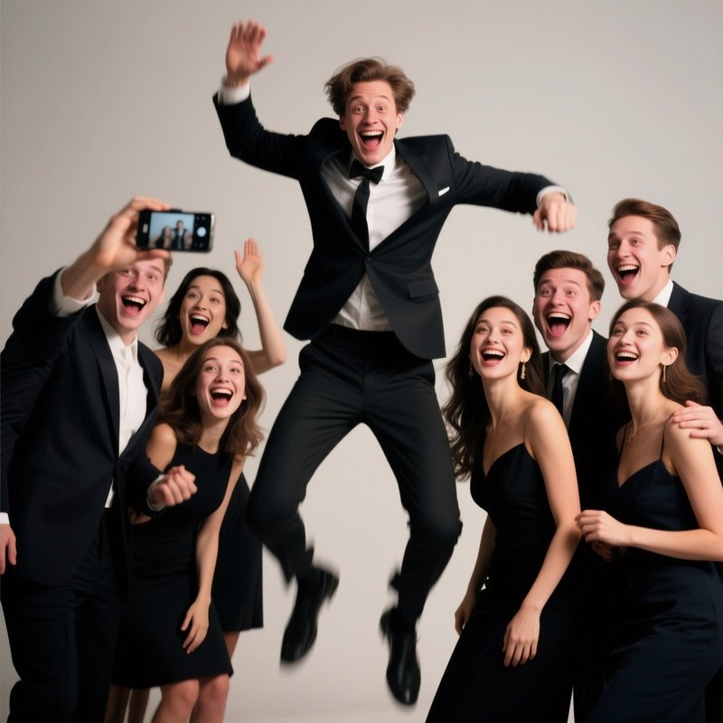 Photobomb: A Group Taking A Formal Photo While A Stranger Jumps In The Background Making A Funny Face.