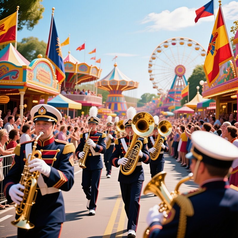 Photorealistic Art Marching Bands Through Fairground