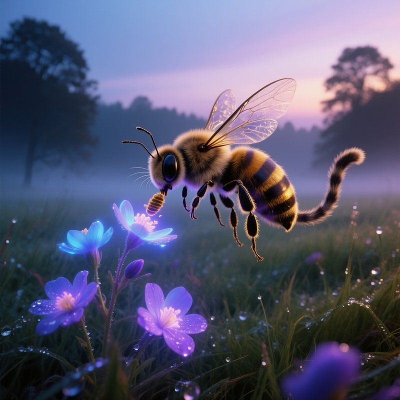 Photorealistic Bee Cat Hybrid Pollinating Glowing Flowers