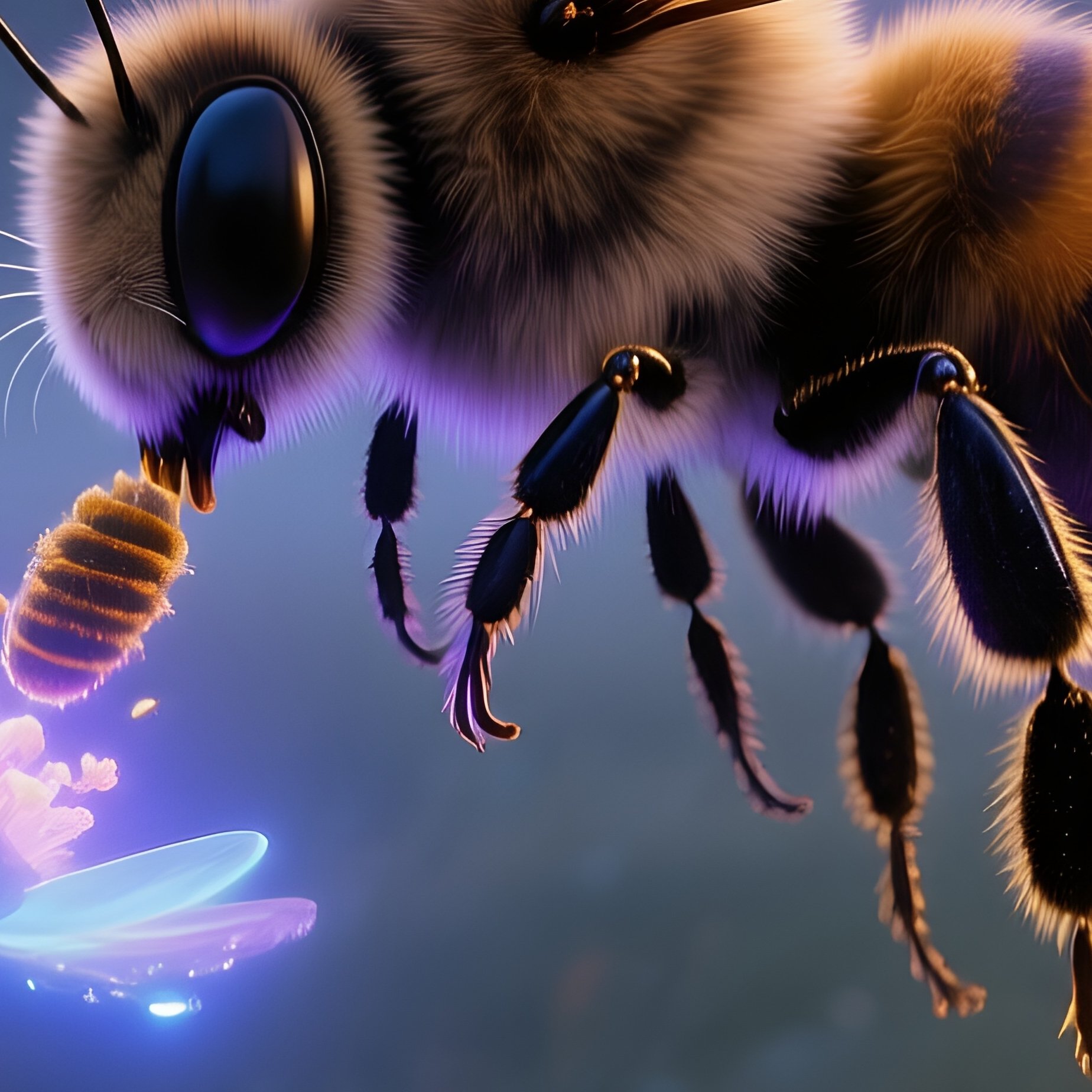 Photorealistic Bee Cat Hybrid Pollinating Glowing Flowers - Full Resolution Quality Preview
