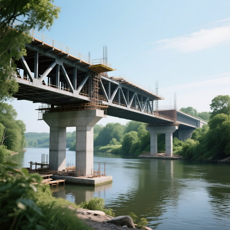 Photorealistic Bridge Under Construction Over Calm River