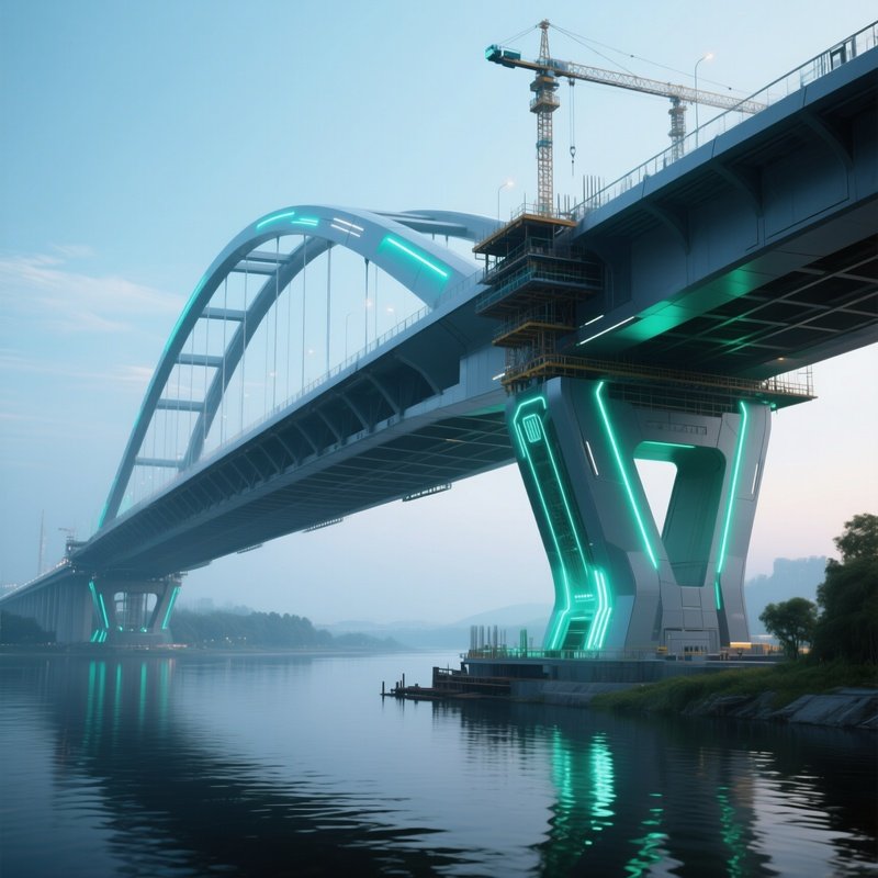 Photorealistic Bridge Under Construction Over Calm River Futuristic