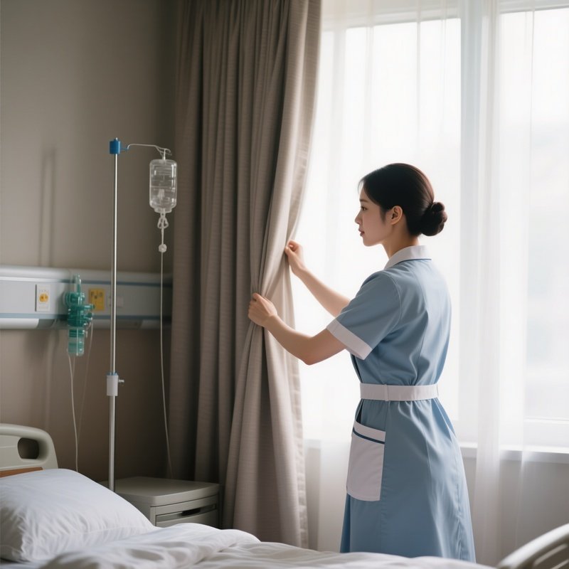 Photorealistic Caregiver Adjusting Curtains To Make The Room Brighter