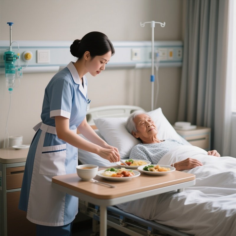 Photorealistic Caregiver Assisting A Patient With Meal Setup On A Bedside Table