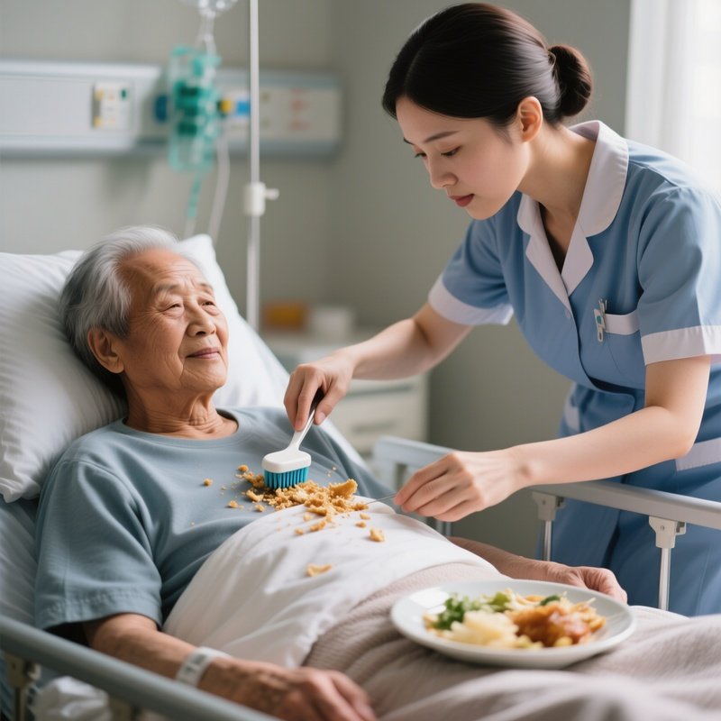 Photorealistic Caregiver Brushing Crumbs Off A Patient’S Lap After A Meal