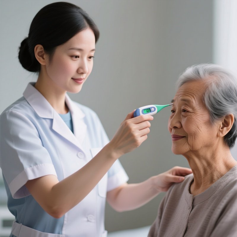Photorealistic Caregiver Gently Checking A Patient’S Temperature With A Digital Thermometer