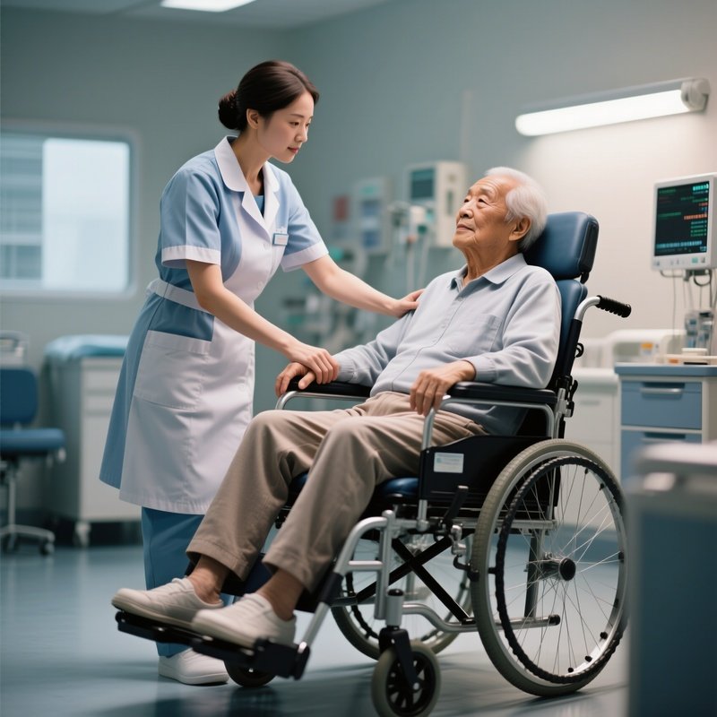 Photorealistic Caregiver Guiding A Patient Into A Transport Chair