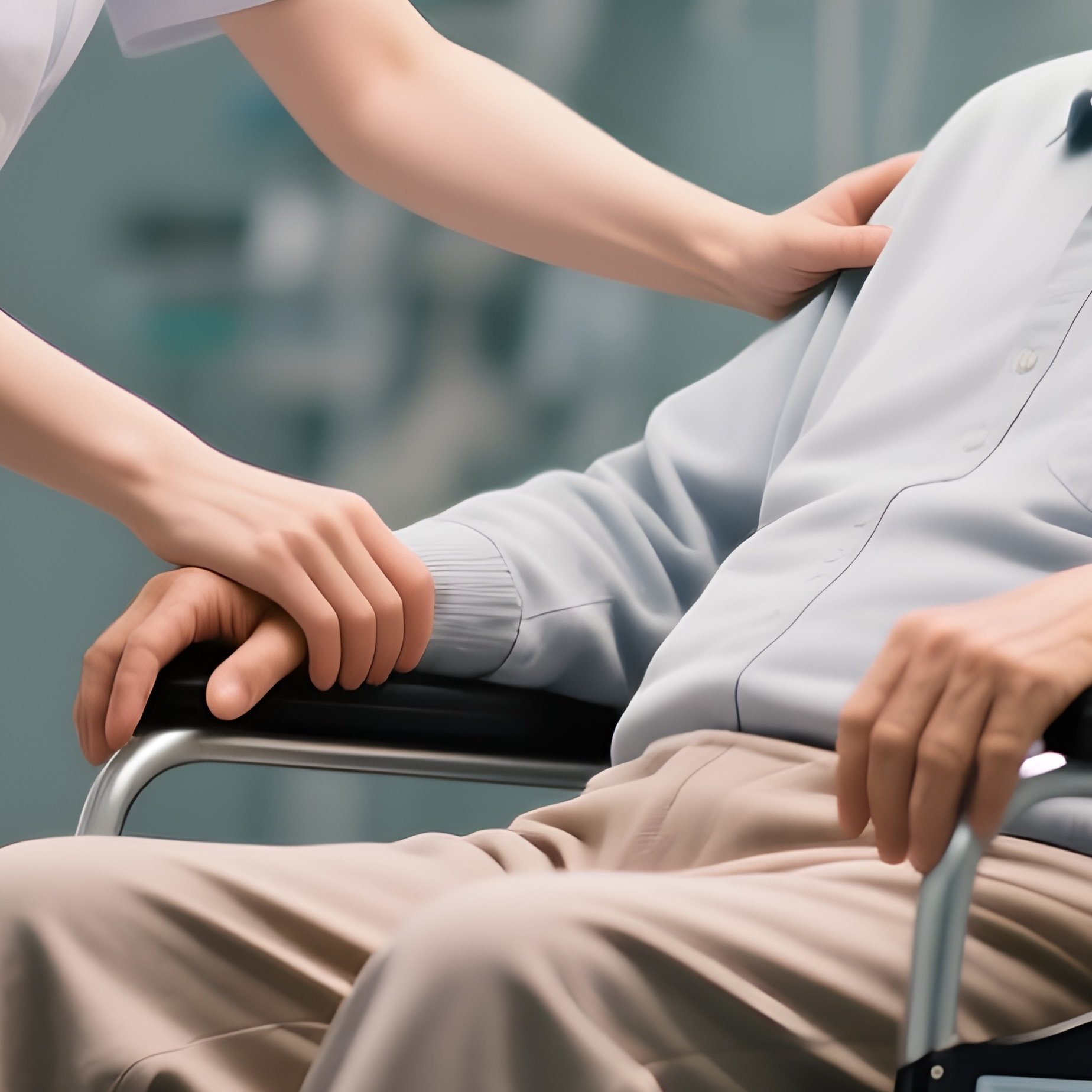 Photorealistic Caregiver Guiding A Patient Into A Transport Chair - Full Resolution Quality Preview