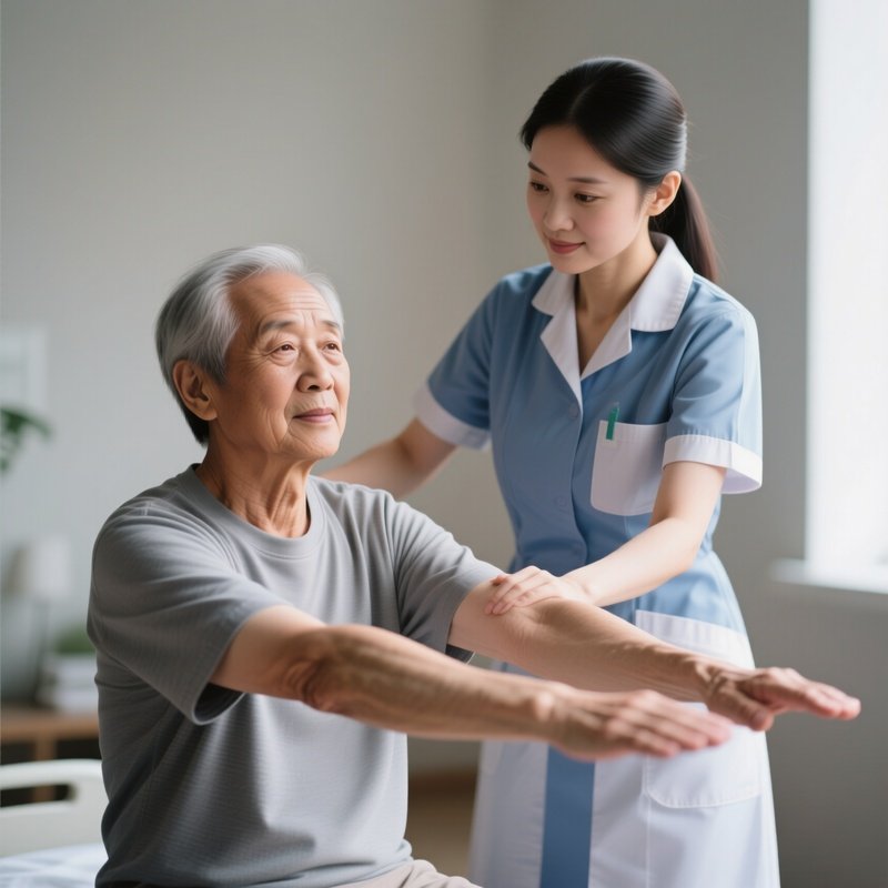 Photorealistic Caregiver Guiding A Patient Through Light Stretching