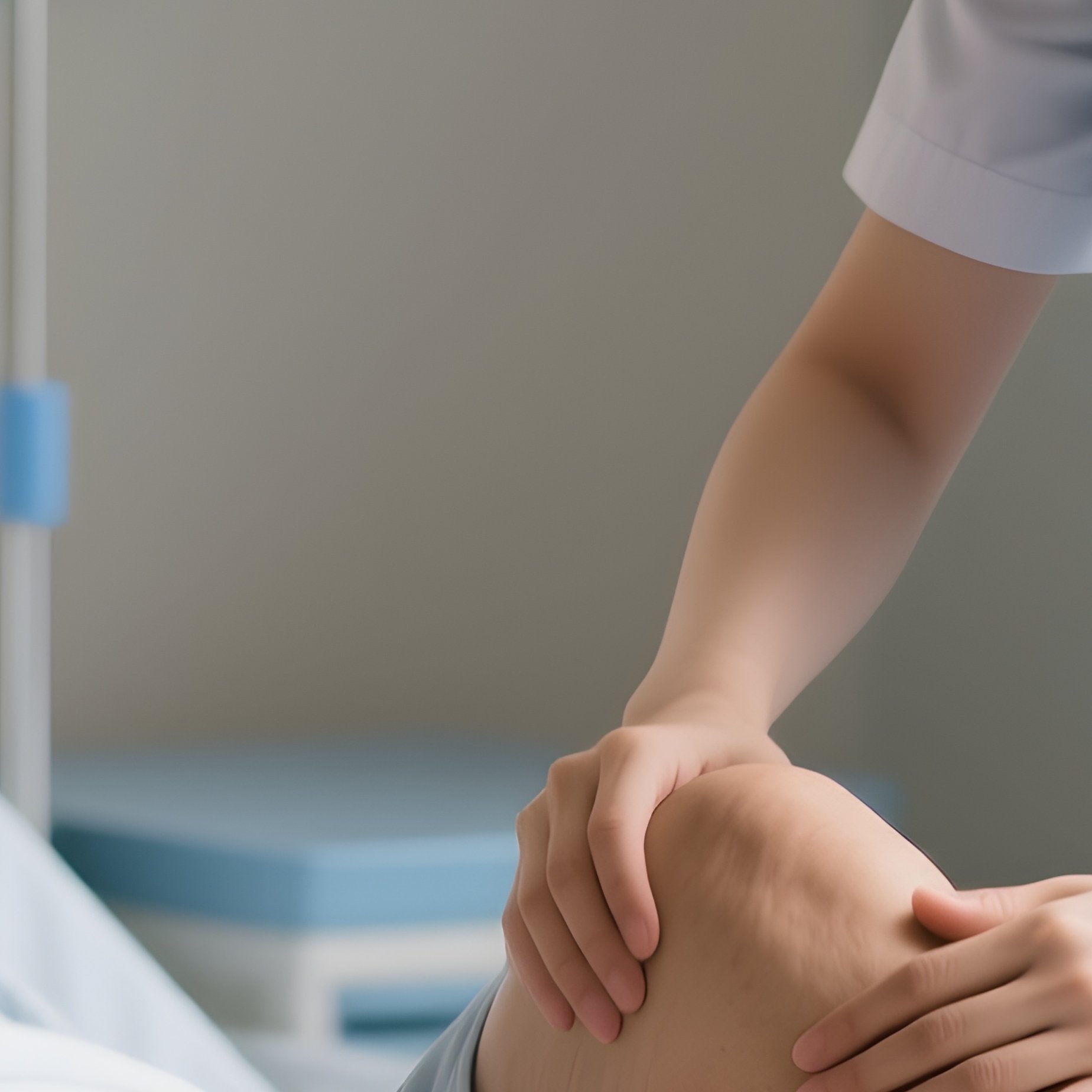 Photorealistic Caregiver Helping A Bedridden Patient Adjust Leg Position - Full Resolution Quality Preview