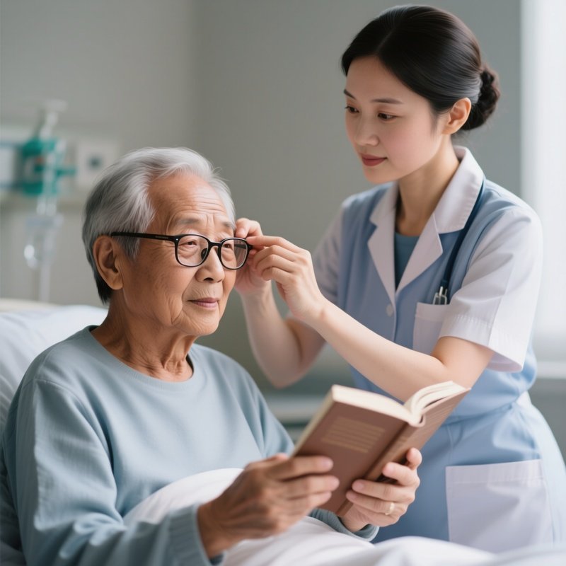 Photorealistic Caregiver Helping A Patient Adjust Reading Glasses