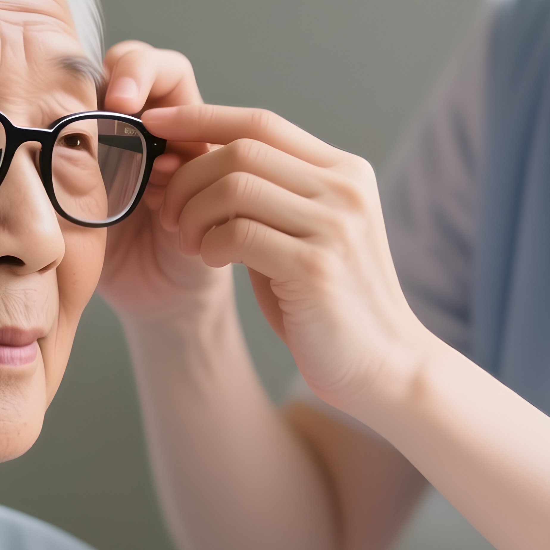 Photorealistic Caregiver Helping A Patient Adjust Reading Glasses - Full Resolution Quality Preview