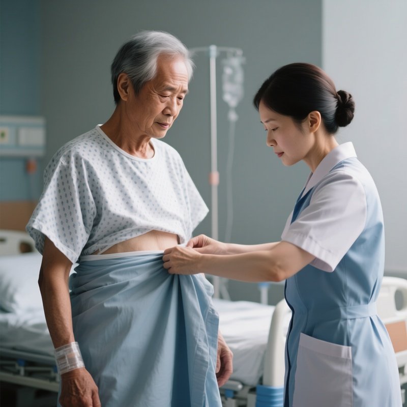 Photorealistic Caregiver Helping A Patient Change Into A Hospital Gown