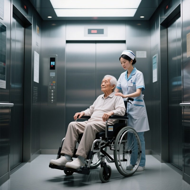 Photorealistic Caregiver Helping A Patient Ride In A Transport Elevator