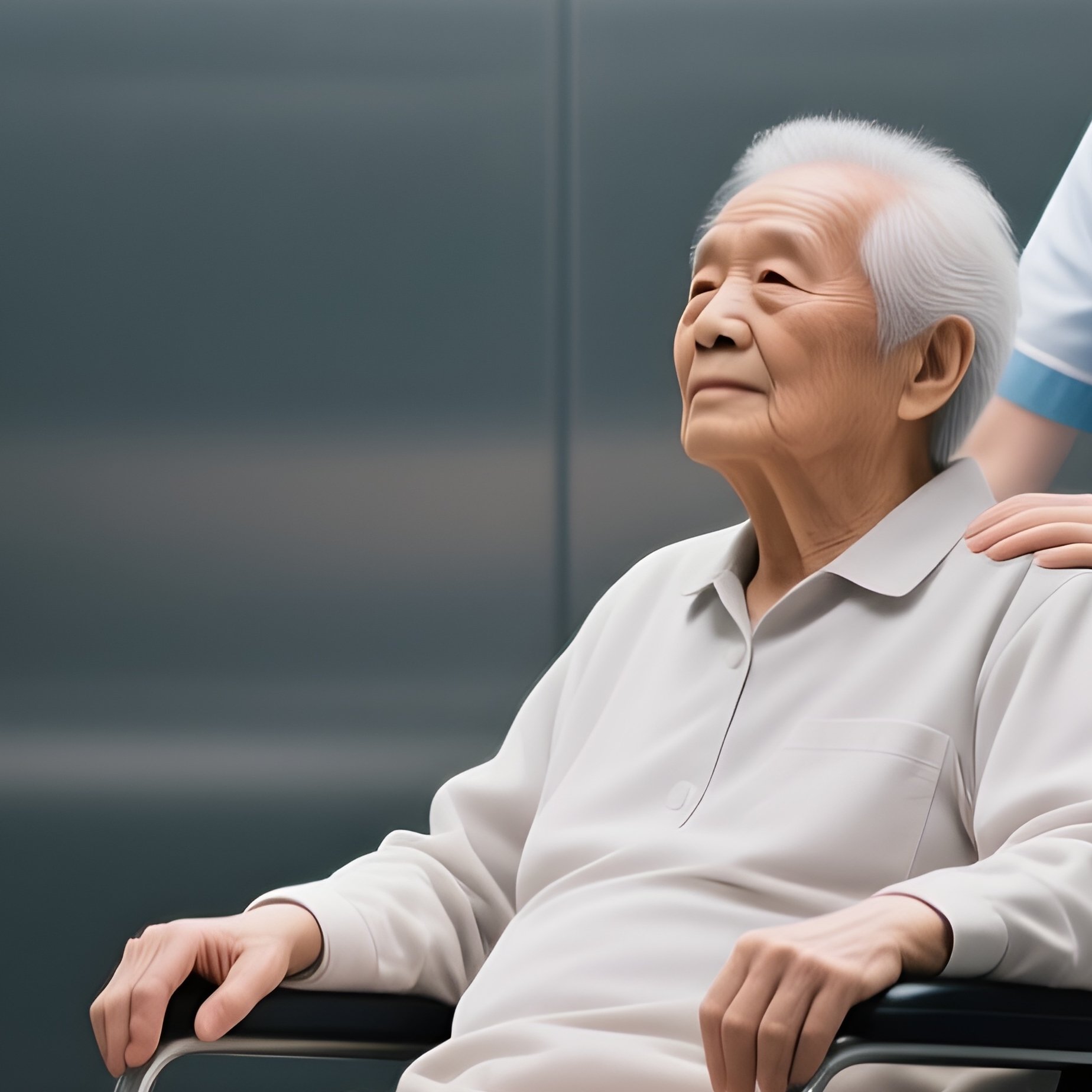 Photorealistic Caregiver Helping A Patient Ride In A Transport Elevator - Full Resolution Quality Preview