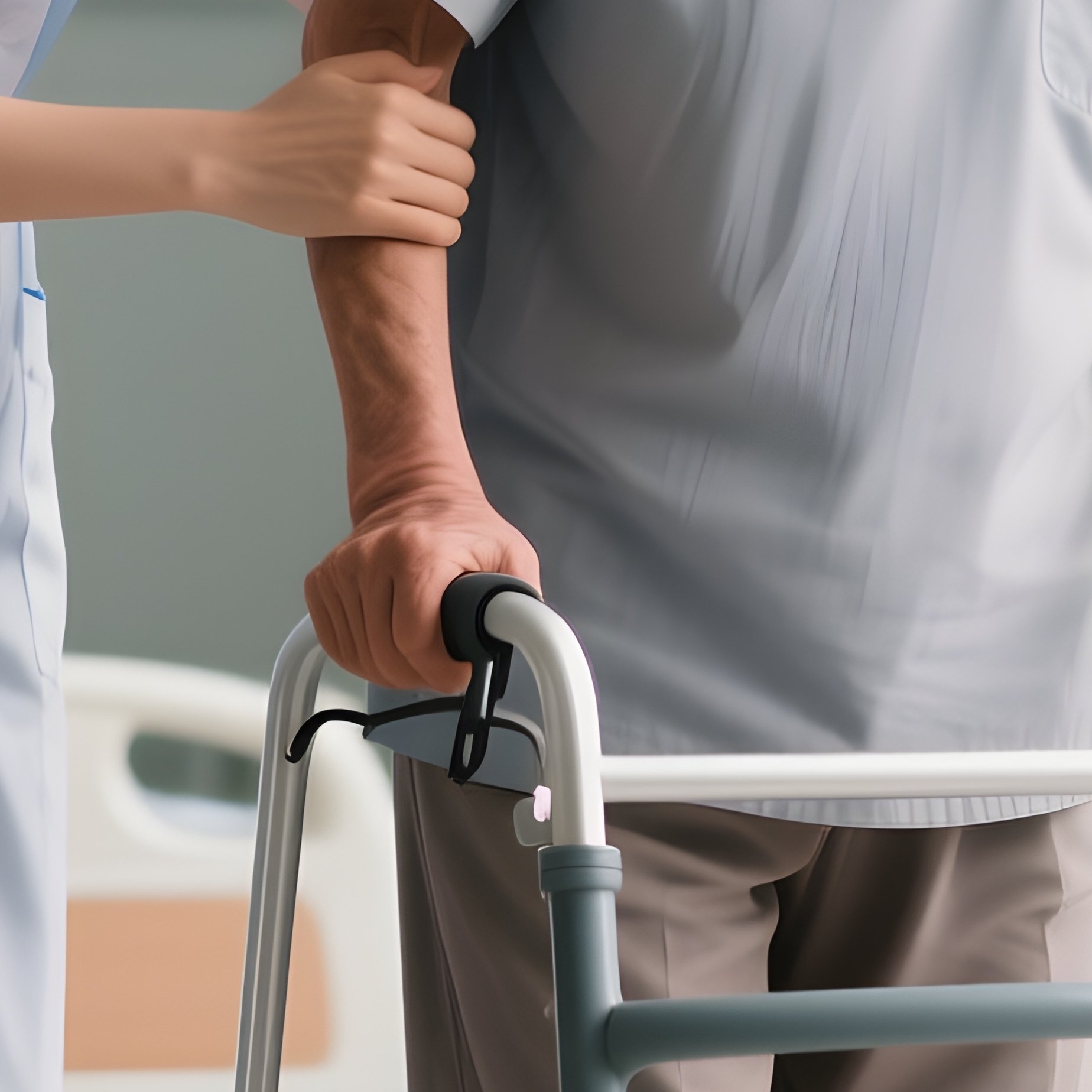Photorealistic Caregiver Helping A Patient Stand Using A Mobility Aid - Full Resolution Quality Preview