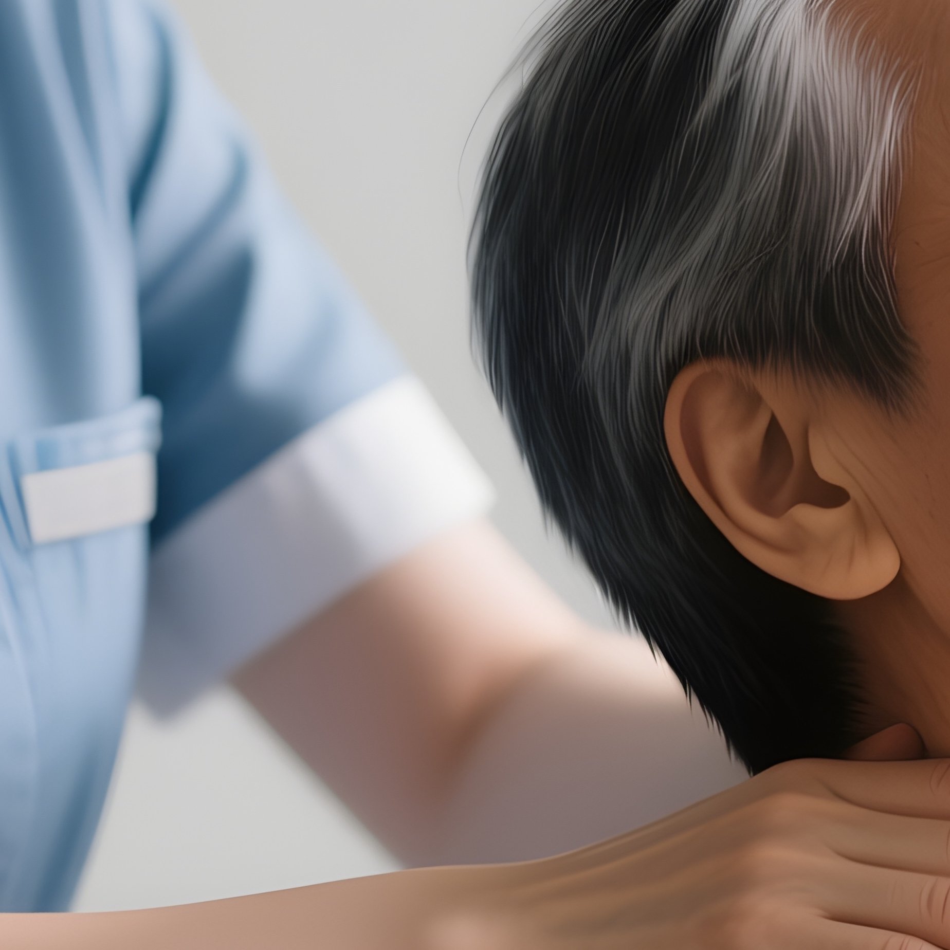 Photorealistic Caregiver Helping A Patient With Gentle Neck Stretches - Full Resolution Quality Preview