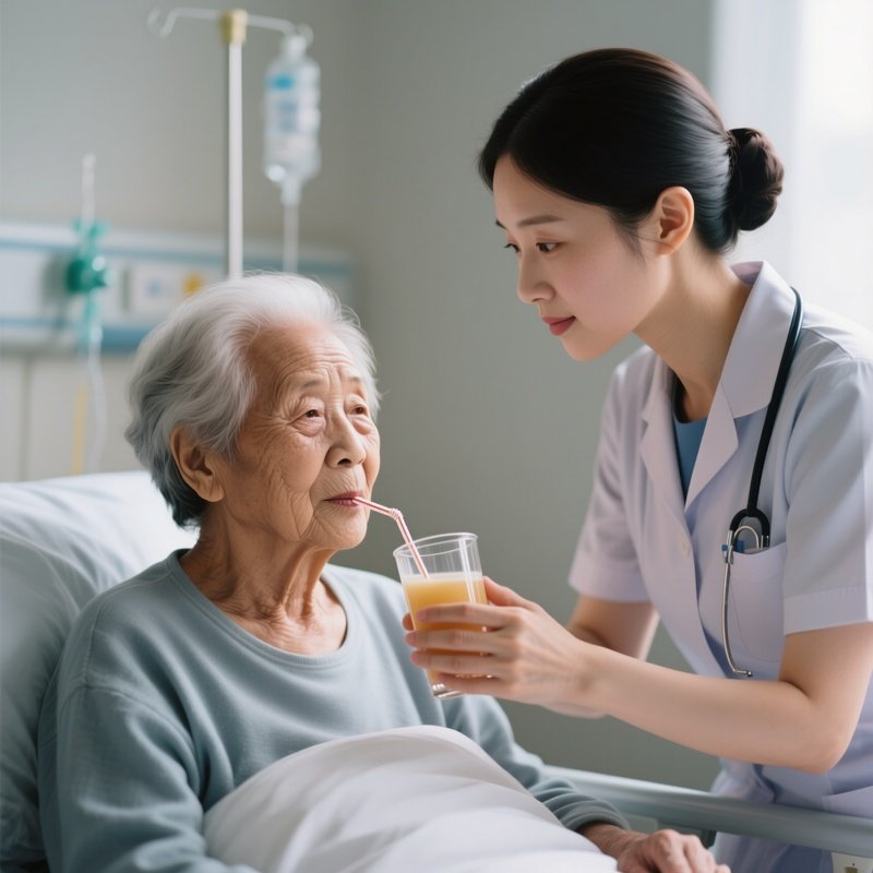 Photorealistic Caregiver Helping An Elderly Patient Drink From A Straw