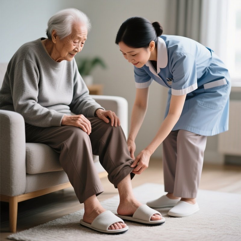 Photorealistic Caregiver Helping An Elderly Patient Put On Slippers