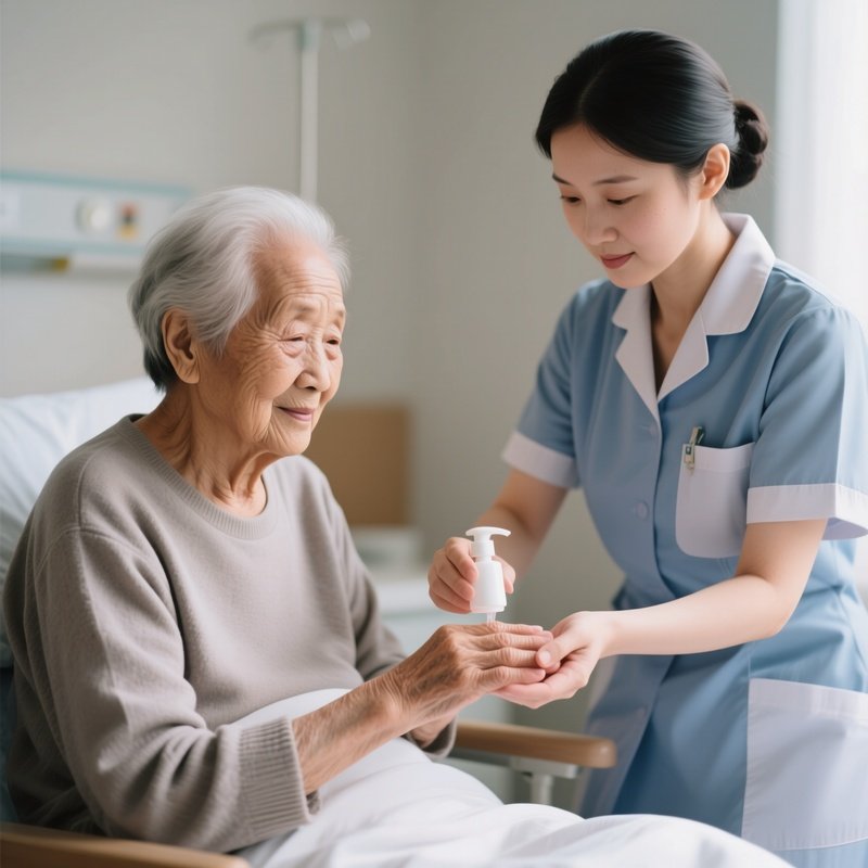 Photorealistic Caregiver Helping An Elderly Patient With Hand Hygiene