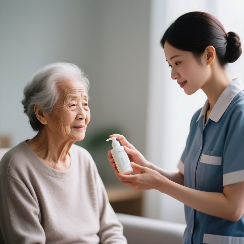 Photorealistic Caregiver Offering Hand Lotion To An Elderly Patient