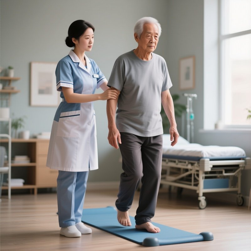 Photorealistic Caregiver Supporting A Patient During Standing Balance Exercises