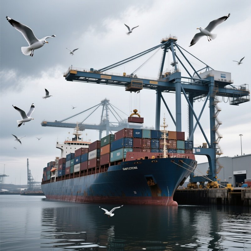 Photorealistic Container Ship Unloading Under Overcast Skies