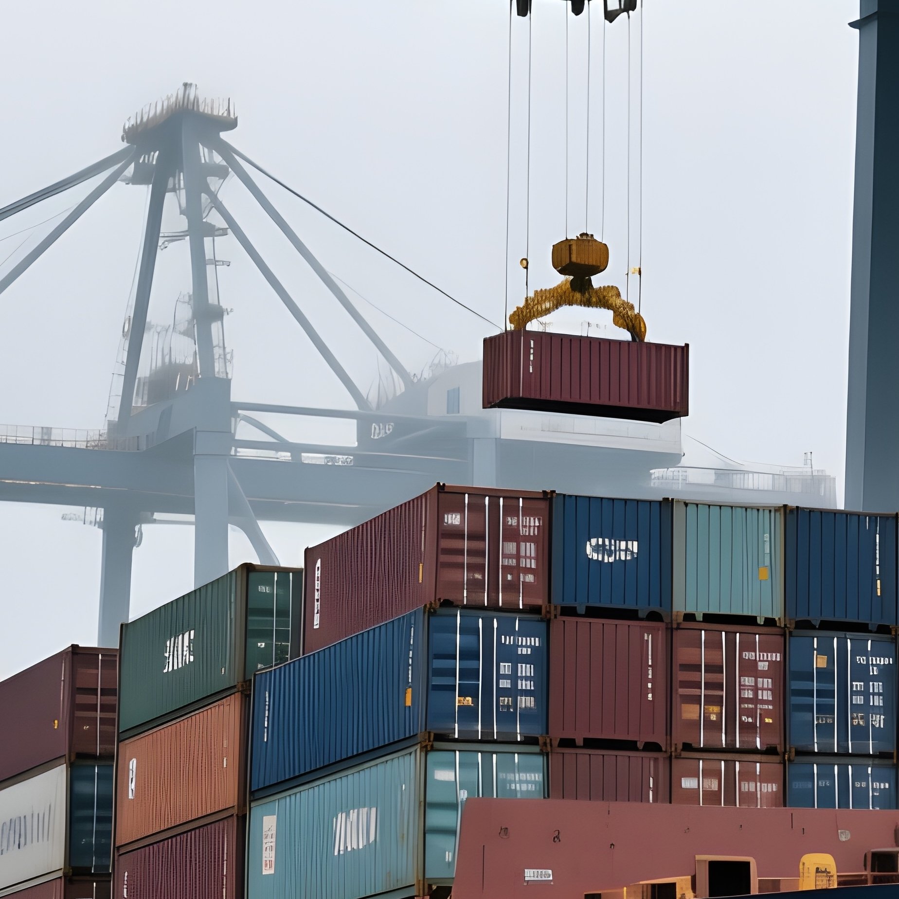 Photorealistic Container Ship Unloading Under Overcast Skies - Full Resolution Quality Preview