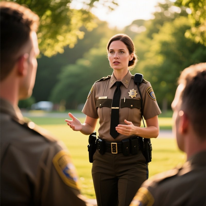 Photorealistic Female Officer Briefing Unit Under Sun